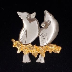 Vintage Mark Shields Pewter Cardinals on Gold Tone Holly Branch Brooch Pin